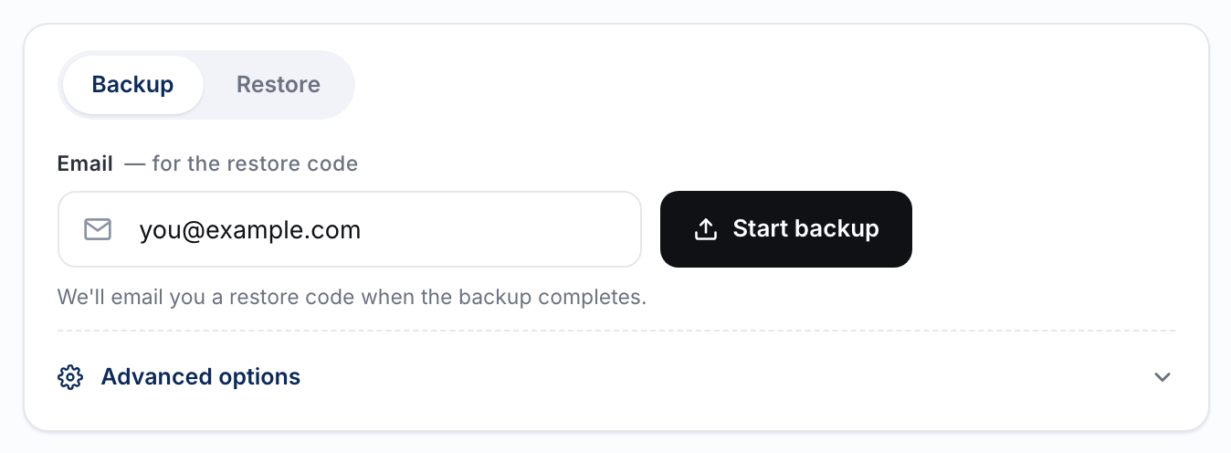 1-Click Migration Backup tab with an email address entered and the Start backup button