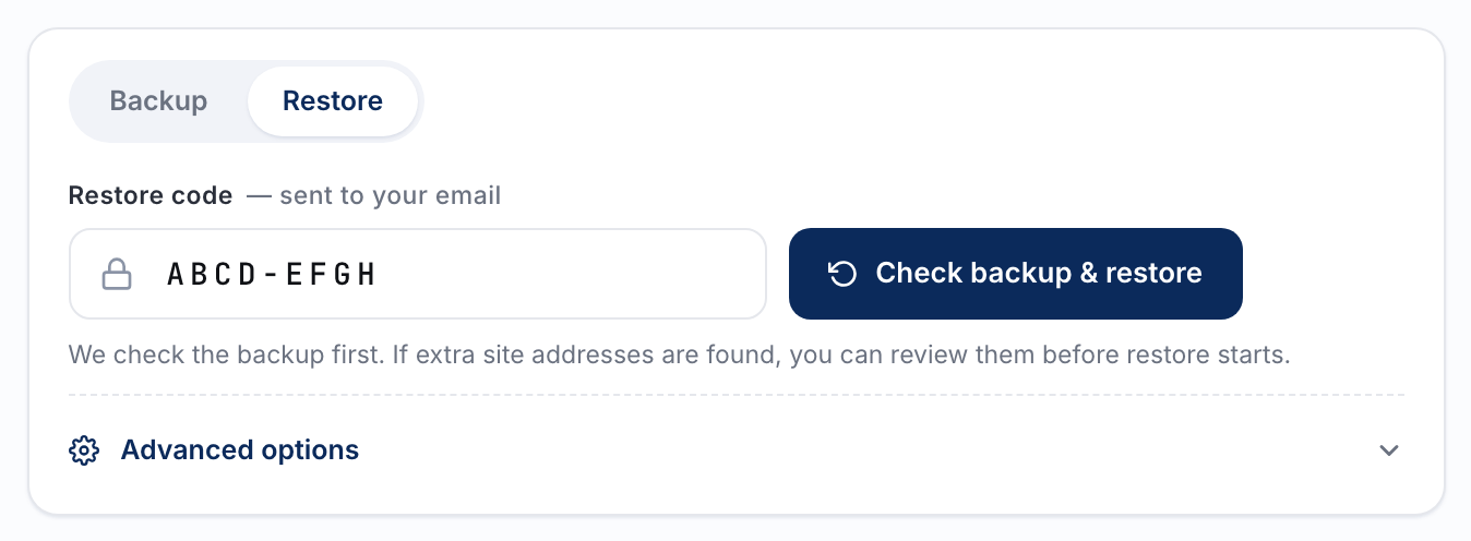 1-Click Migration Restore tab with a restore code entered and the Check backup & restore button