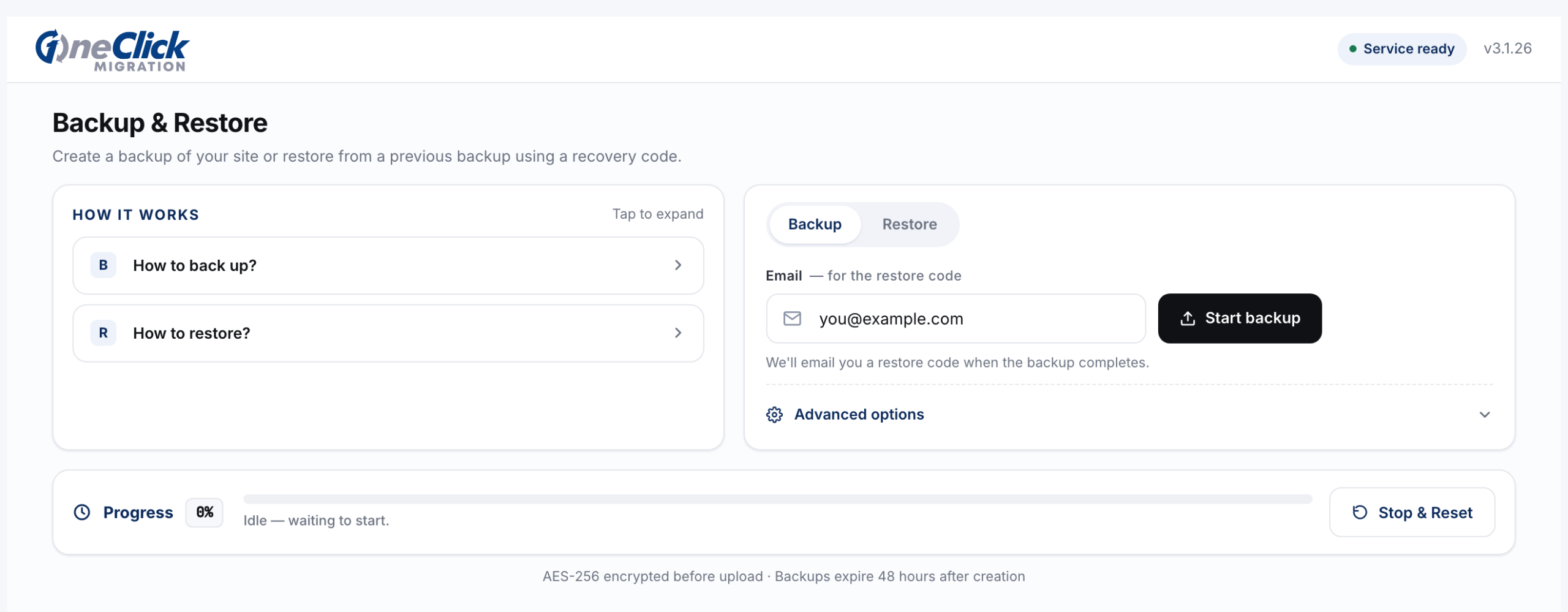 The 1-Click Migration screen under Tools → One Click Migration, with the Backup tab and the progress bar