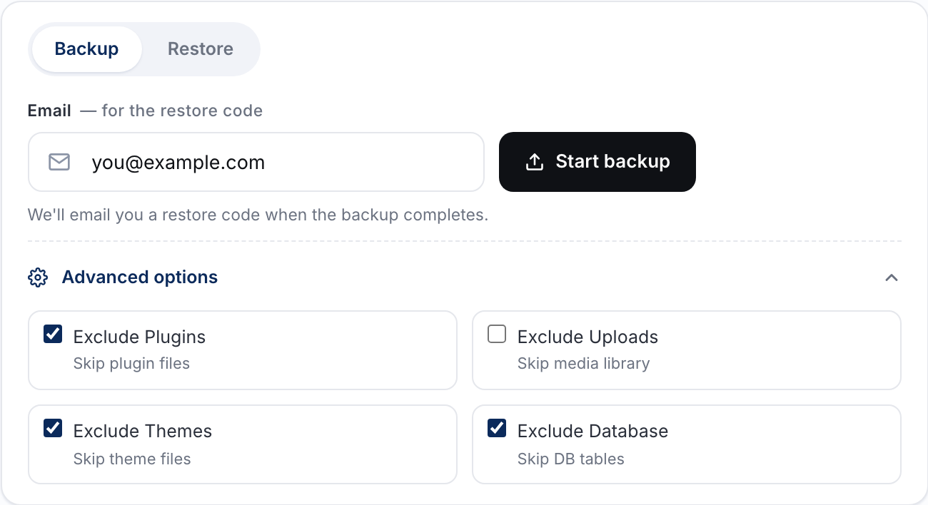 Advanced options with Exclude Plugins, Exclude Themes and Exclude Database ticked, so only uploads are backed up