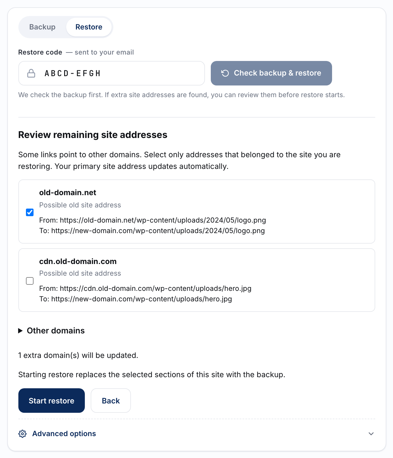 Review remaining site addresses: old-domain.net ticked for rewriting, cdn.old-domain.com left unticked, each with From and To previews